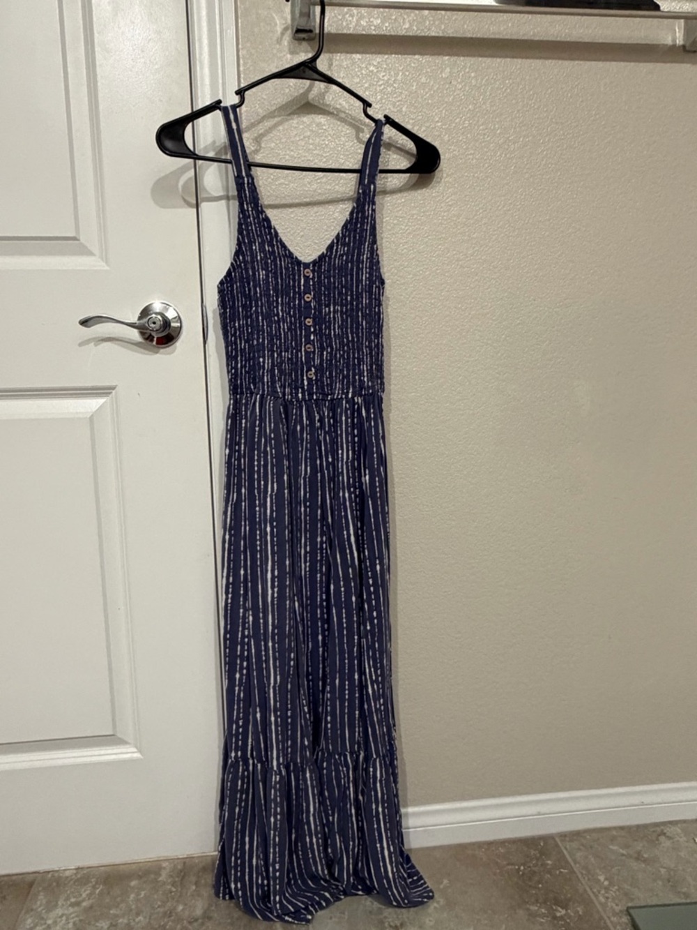 Navy Striped Maxi Dress with Buttons